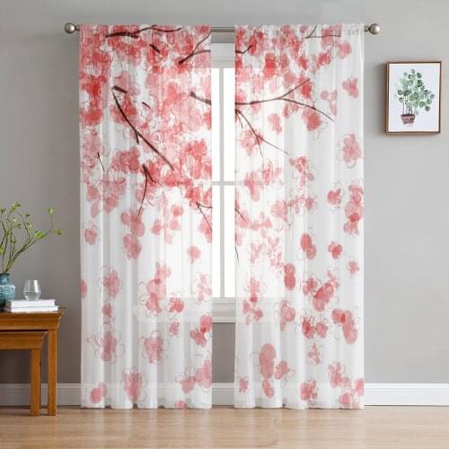 Pink Flower Sakura Cherry Blossoms Sheer Curtains for Living Room Kitchen Tulle for Windows Voile Yarn Curtains for Bedroom
