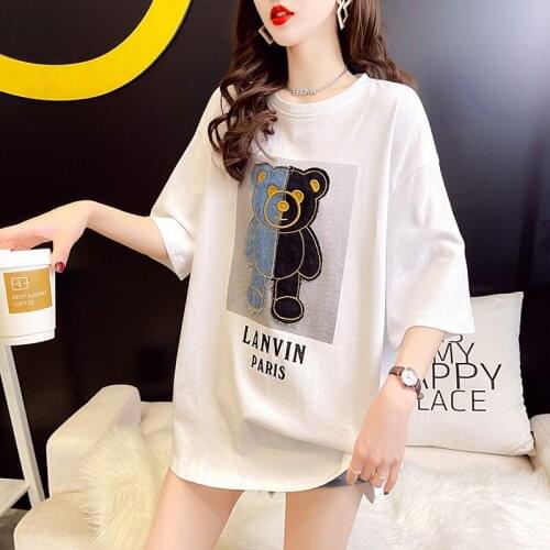Summer 2021 Lazy Bear Print Short-sleeved Loose T-shirt Women Oversized T Shirt Cartoon Tshirts Tops Women 2021