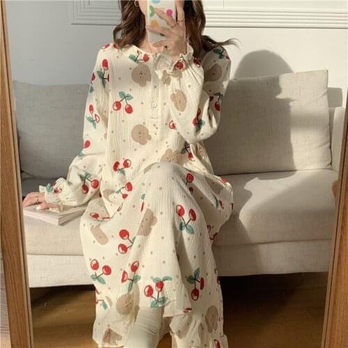 Cute kawaii nightgown cherry cartoon bear women long sleeve night dress ruffles cotton gauze ladies homewear sleepdress L471