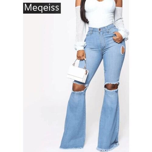 Meqeiss Womens Sexy Hole Button Zipper Pocket Jeans Casual Denim Flares Wide Leg Slim Pants 2020 New Blue Ladies Jeans