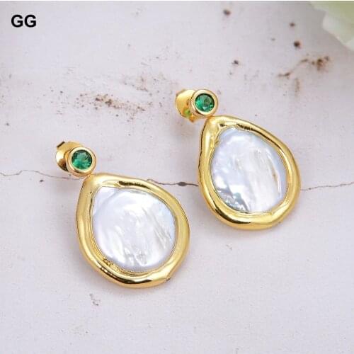 GuaiGuai Jewelry Freshwater Cultured White Coin Pearl Stud Green CZ Cubic Zirconia Pave Earrings For Women