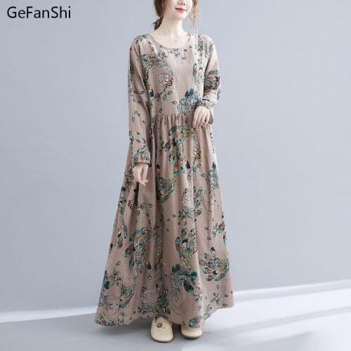 2021 New Spring Autumn Women Dress Loose Vintage Casual Print Cotton Long Sleeve O-Neck Dress Fashion Loose Elegant Dresses Robe