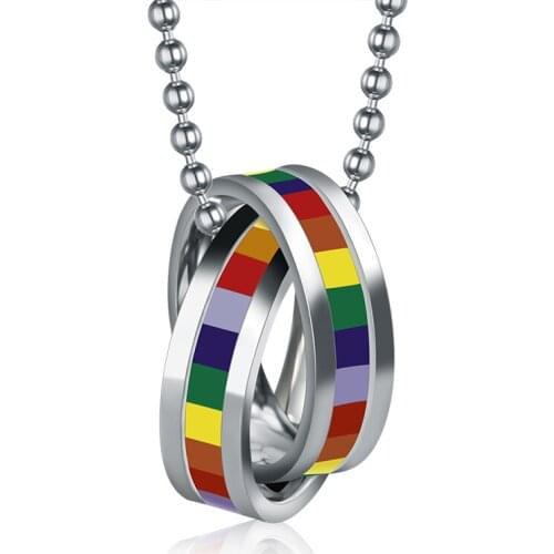 2021 LGBT Fashion Stainless Steel Material Epoxy Rainbow Double Circle Pendant Necklace Customized For Coupless Jewelry