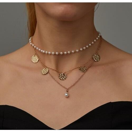3 Pcs/Set Fashion Imitation Pearl Choker Necklace for Women Trendy Gold Sequins Clavicle Chain Necklace Party Jewelry Gifts