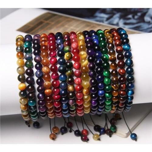 6 8mm Natural Colorful Tiger Eye Stone Beads Couple Bracelet Adjustable Braided Rope Bangle Men Women Healing Bracelet Jewelry