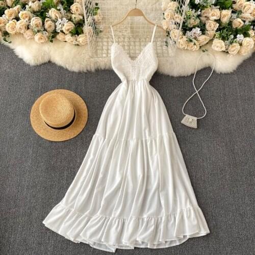 Foamlina Crochet Knitting Patchwork V-neck Sleeveless Long Dress Women Sexy Open Back Lace-up Bandage Beach Party White Dress