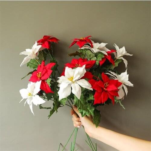 11P Fake Short Stem Christmas Flower (2 heads/piece) 22.83" Length Simulation Poinsettia for Wedding Home Artificial Flowers