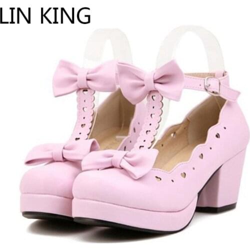 LIN KING Fashion T-Strap Women Pumps Square Heel Round Toe High Heel Shoes Cute Lotita Princess Shoes Girls Cosplay Party Shoes