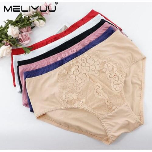 Soft and Fashion Plus Size Women Panties Lace Floral Briefs Panties Lingerie Mid-waist Underpants Size L-5XL