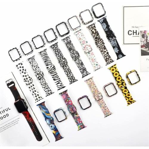 Set For Apple Watch Series 6 5 4 3 2 1 SE Leopard Zebra Flower 9H Tempered Glass Case Wrist Loop Band Strap