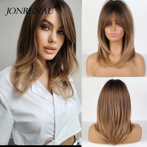 JONRENAU Long Natural Wave Dark bown Ombre Ash brown Hair wigs Synthetic Party Daily Use Wig for White Black Women