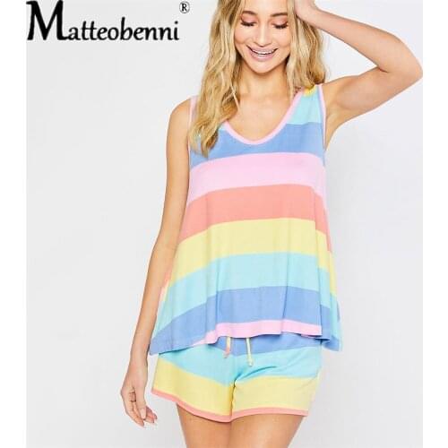 Two Piece Set Tracksuit Women Pajamas Suit Summer Clothes Fashion Colorful Striped Vest Top and Shorts Lounge Wear Beach Outfits