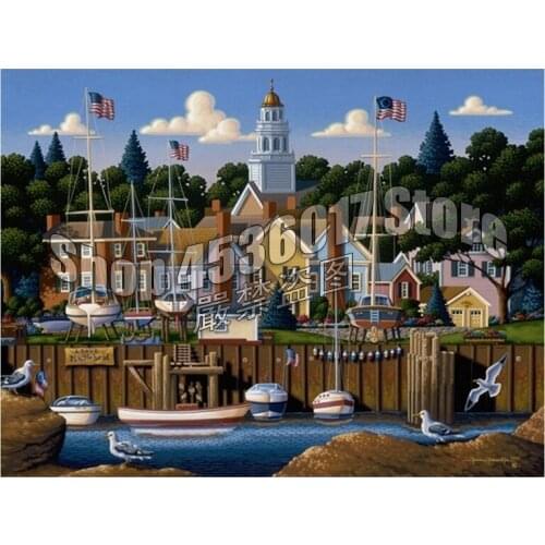 Full Square Diamond Embroidery,Marblehead,City,Boats,Art,Diamond Painting,Cross Stitch,Diamond Mosaic,Decoration,Needlework,Gift