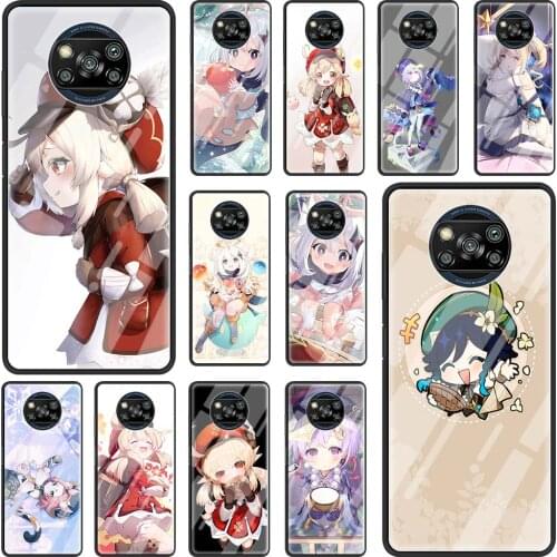 Luxury Phone Case for Xiaomi Mi Poco X3 NFC F2 Pro M2 Note 10 10T 9T Lite Pro CC9 CC9E Glass Cover games Genshin Impact Cute