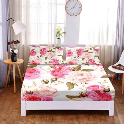 Pink Flower Digital Printed 3pc Polyester Fitted Sheet Mattress Cover Four Corners with Elastic Band Bed Sheet Pillowcases