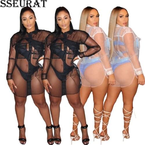 SSEURAT Sexy T Shirt Women Black Gauze Mesh Sheer Tops Sheer Long Shirts Casual Loose T-Shirts Transparent Long Short Sleeve Top