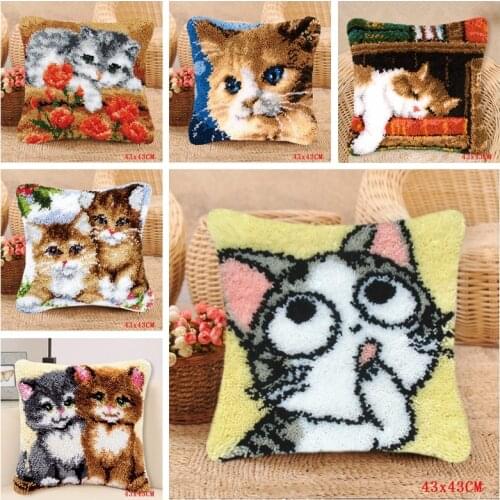 Three Cats Latch Hook Pillow Smyrna For Flowers Carpet Cushion Button Package Latch Hook Kits Embroidery Do-It-Yourself Carpet