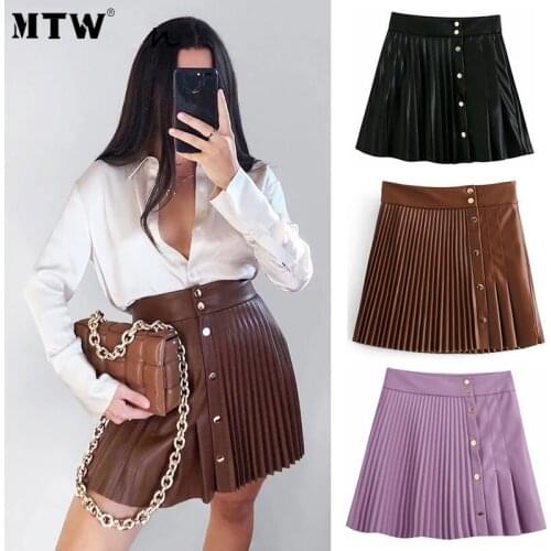 Vintage Korean High Waist Office Skirts Women Single Breasted PU Leather Mini Skirt 2020 Casual Solid Pleated Skirt
