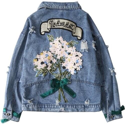 Spring Women Frayed Denim Bomber Jacket Appliques Vintage Elegant Outwear Autumn Hole Female Jacket Coat Casual Jeans Tops J171