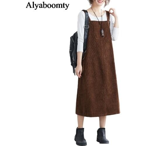 Spring Autumn Women Plus Size Sundress Suspenders Coffee Black Casual Loose Midi Dress Elegant Vintage Pockets Oversized Dresses