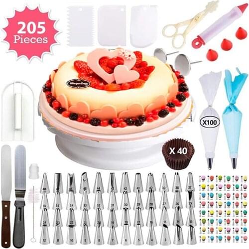 205pcs/Set Cake Turntable Set Party Cakes Decorating Tools Fudge Cream Nozzle Sets Multifunction Cakes Decorating Supplies