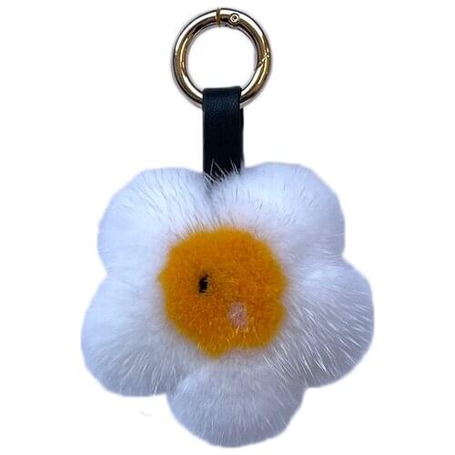 Genuine Mink Fur Pompom Flower Keychain Egg Bag Beach Daisy Purse Charm Floral Pocketbook Accessory