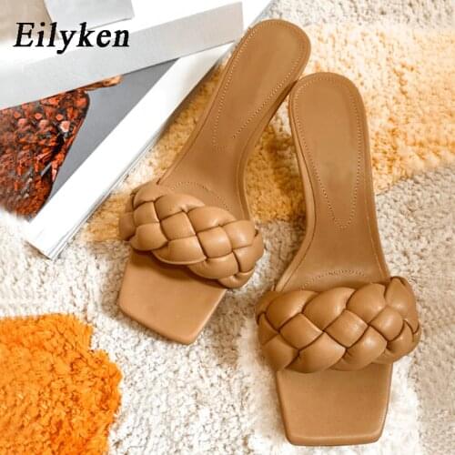 Eilyken Fashion Womens Slides Low Heel Elegant Ladies Dance Shoes Summer Open Toe Slippers Weave Leather Sandales Femmes