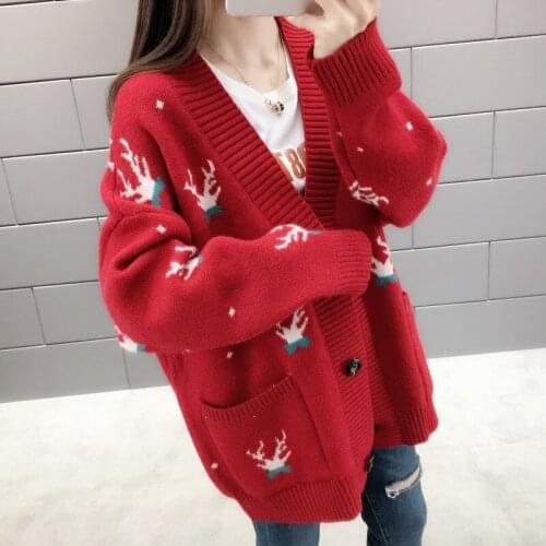 Cartoon Cardigan Sweater Single Breasted Christmas Knitted Tops 2021 Spring Autumn Casual V-neck Red Cardigans Women Loose 2XL