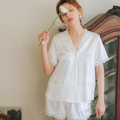 Summer Thin V-neck Pajama Set Plain Loose Short-Sleeved Shorts Pijamas Women Simple Comfortable Sleepwear 2 Piece Sexy Nightwear