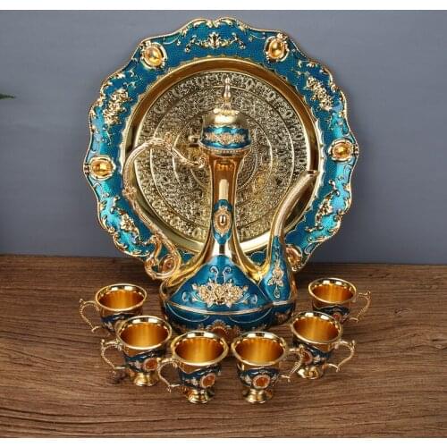 Golden and Blue Color Metal Wine Set/Tea Set Fashion Zinc Alloy Wine Set 1 Set= 1 Plate+ 1 Pot +6 Cups