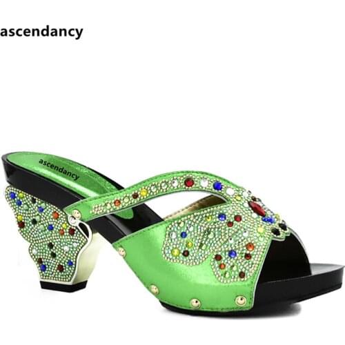 Latest Green Women Slipper Elegant African Women Pumps Shoe for Party High Quality Italian Women Party Shoe Decorated with Stone