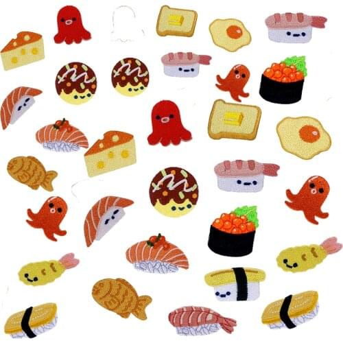New Fish Cake Sushi Bread Food Embroidered Patches for Clothing DIY Applique Clothes Stickers Iron on Creative Badges Patches