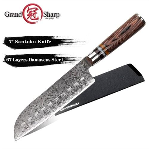 Grandsharp 7Inch Santoku Chef Knife Kitchen Knives Japanese Damascus VG10 Steel Razor Sharp Fruit Meat Cutting Tool Pakka Handle