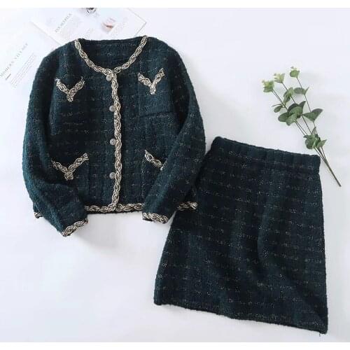 XIKOM 2021 Autumn Women Two-Piece Set Solid Slim Office Lady Knitted Cardigan Top Female Vintage Elastic Waist Mini Skirt Set