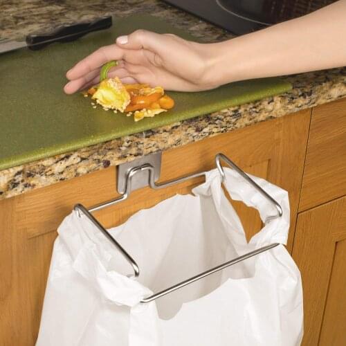 Stainless Steel Plastic Garbage Bag Holder Cupboard Door Back Trash Rack Kitchen Organizer Trash Rack Cloth Towel Holder