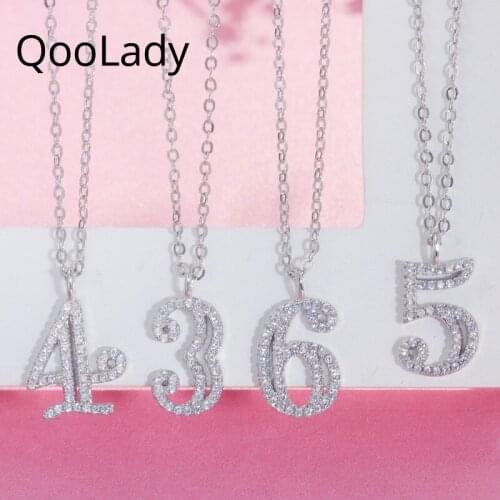 QooLady Unique Simple Design Cubic Zirconia Crystal Sparking Number Pendant Necklace Fashion Jewelry Gift for Women Female N002