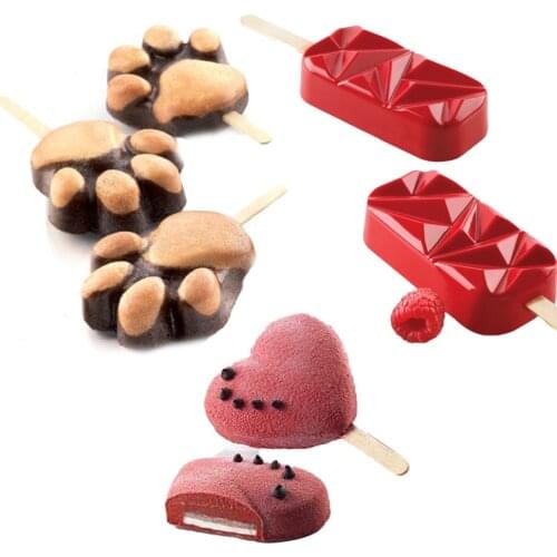 SHENHONG Diamond Heart-Shaped Popsicle Molds Silicone Ice Cream Moulds Matching Set Summer Dessert Tools Cube Tray 50pcs Sticks