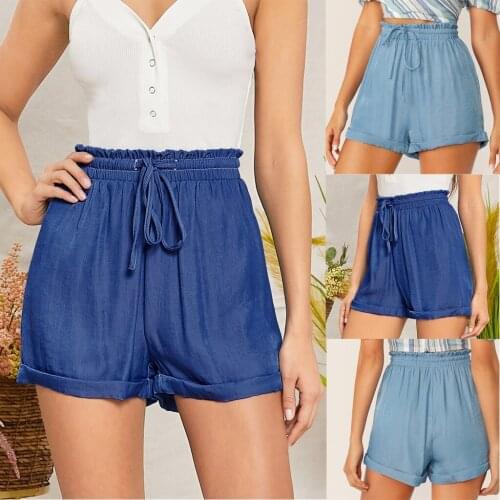 Elastic Waist High waisted Solid Loose shorts Pockets Casual Daily Wear Bermuda Fashion Imitation denim Shorts Womens Autumn