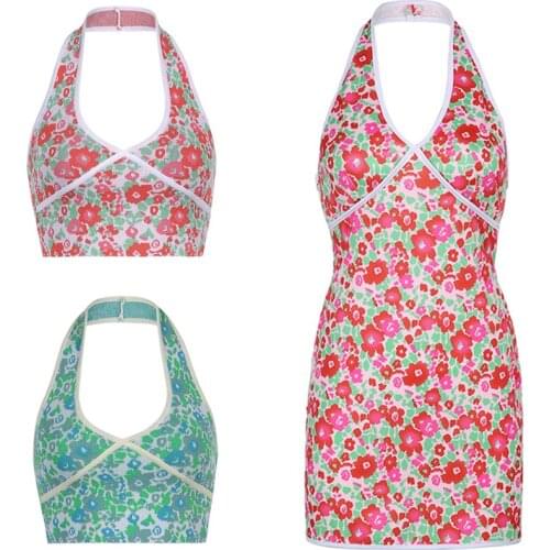 Floral Print Halter Top Women Cami Backless Summer Sleeveless Crop Top Sexy V-Neck Female Fashion Party Club Boho Beach Vest