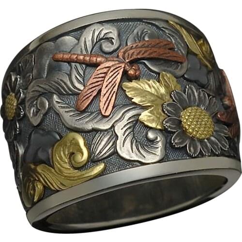 Vintage Flower Dragonfly Rings for Women Female Classic Sunflower Engagement Rings Bridal Wedding Jewelry Gifts