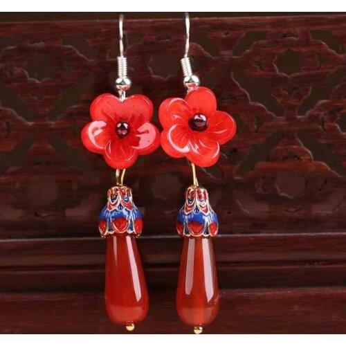 Ancient Chinese Jewelry Vintage Natural Stone Red Agate Long Dangle Earrings Chinese Wedding Gift Jewelry Accessories