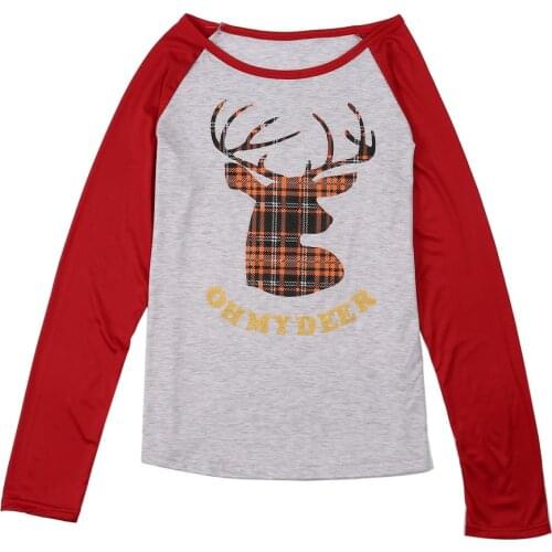 New Autumn Winter Women Christmas Deer Printed Tshirt Cotton Long Sleeve Patchwork O-neck Pullover Female Slim Fit Tee Tops