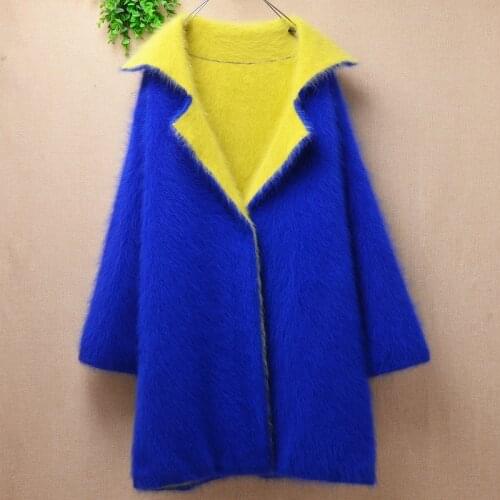 Female women fashion winter thick warm hairy mink cashmere knitted suit collar long sleeve loose cardigan angora fur jacket coat