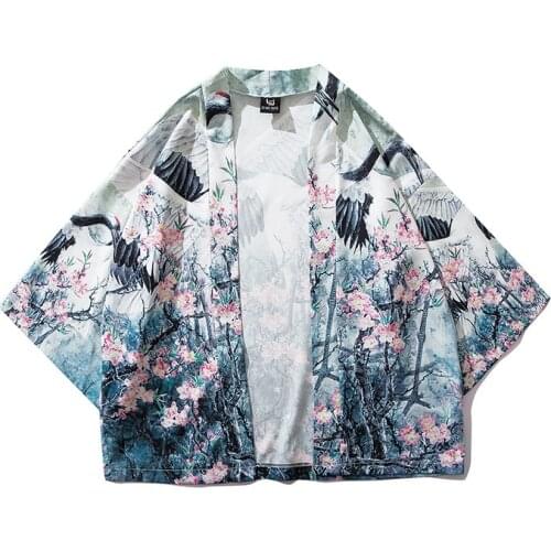 Women Harajuku Fashion Casual Streetwear Jacket 2021 Japanese Red-crowned Crane Printed Kimono Summer Loose Cardigan Men