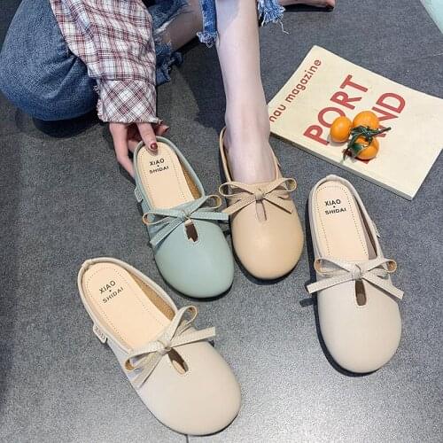 Ladies slippers outside Hot new spring 2020 round head solid color bow rubber flat non-slip sweet casual wild women shoes U30-38