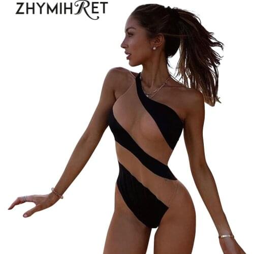 ZHYMIHRET 2019 Summer Mesh Patchwok One Shoulder Bodysuit Women Sexy See Through Mono Mujer Black Jumpsuit Female Swimwear