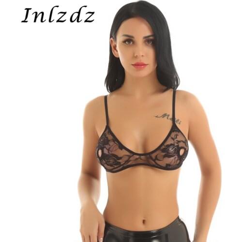 Womens Erotic Lingerie Bra Top Soft Lace Floral Sheer Sex Costume Nipple Hollow out Triangle Cup Bralette Wire-free Unlined Bra