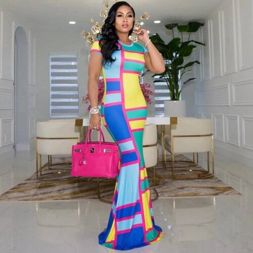 Geometric Pattern Elegant Mermaid Maxi Dress Women High Waisted Short Sleeve Floor Length Dress Summer Body-shaping Robe Femme