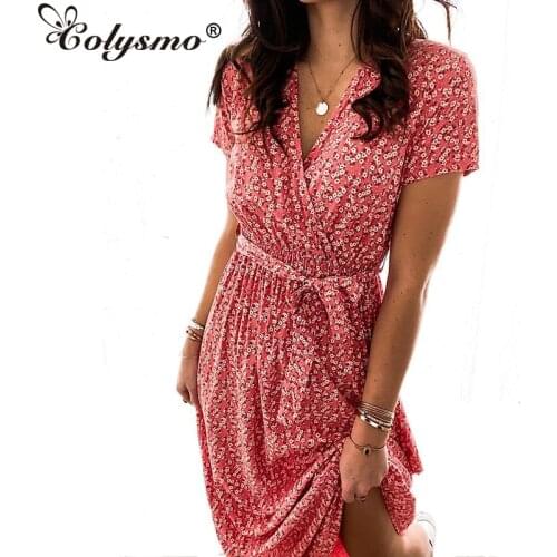 Colysmo Floral Wrap Dress with Belt Print Short Sleeve V Neck A Line High Waist Midi Dress Casual Summer Dress for Women 2021