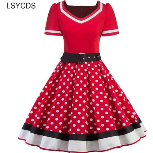 2020 Vintage Women Dress V Neck Short Sleeve Polka Dot Dresses Big Swing Retro Casual Party Hepburn Style 50s Women Clothes